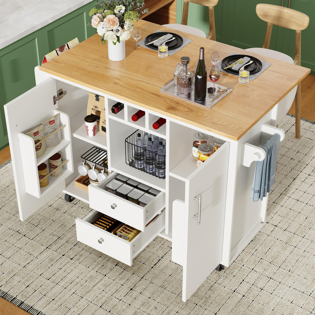 KÜCHENINSEL 137,9/73/92,2 cm aus MDF/Metall mit klappbarer Arbeitsplatte Weiß - Weiß, Holzwerkstoff (137.9/92/73cm) - Modenvie