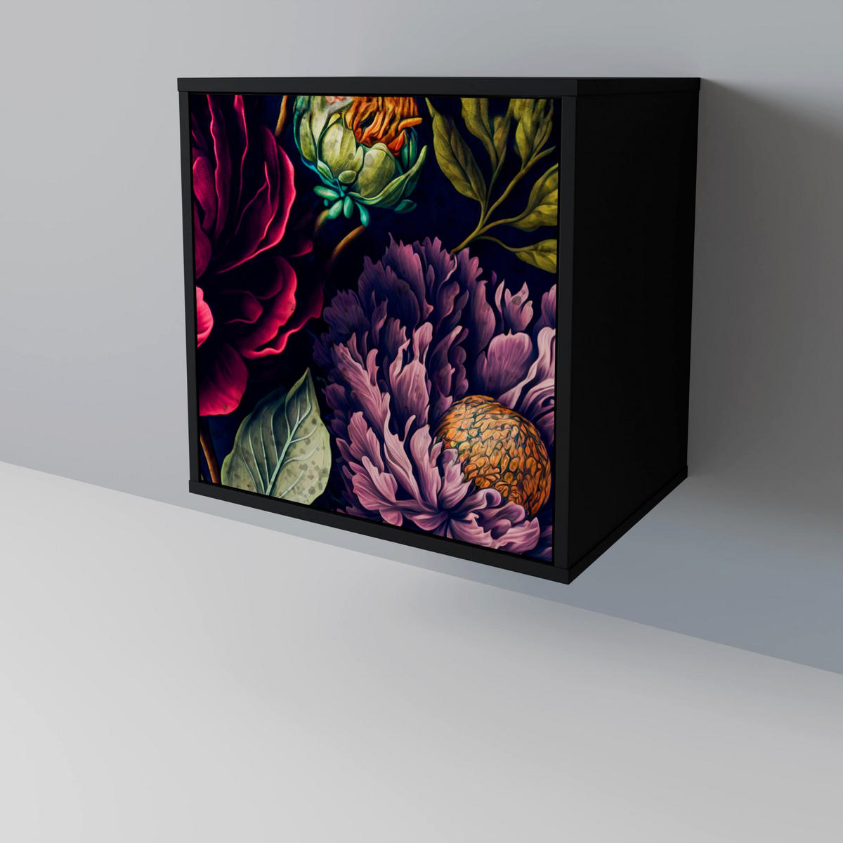 SIDEBOARD BLOOMING ELEGANCE, Schwarz, 57,5x42x75,5 cm, Goldfarbene Metallfüße - Goldfarben/Multicolor, Holzwerkstoff/Metall (57.5/75.5/42cm) - SpaceRebels
