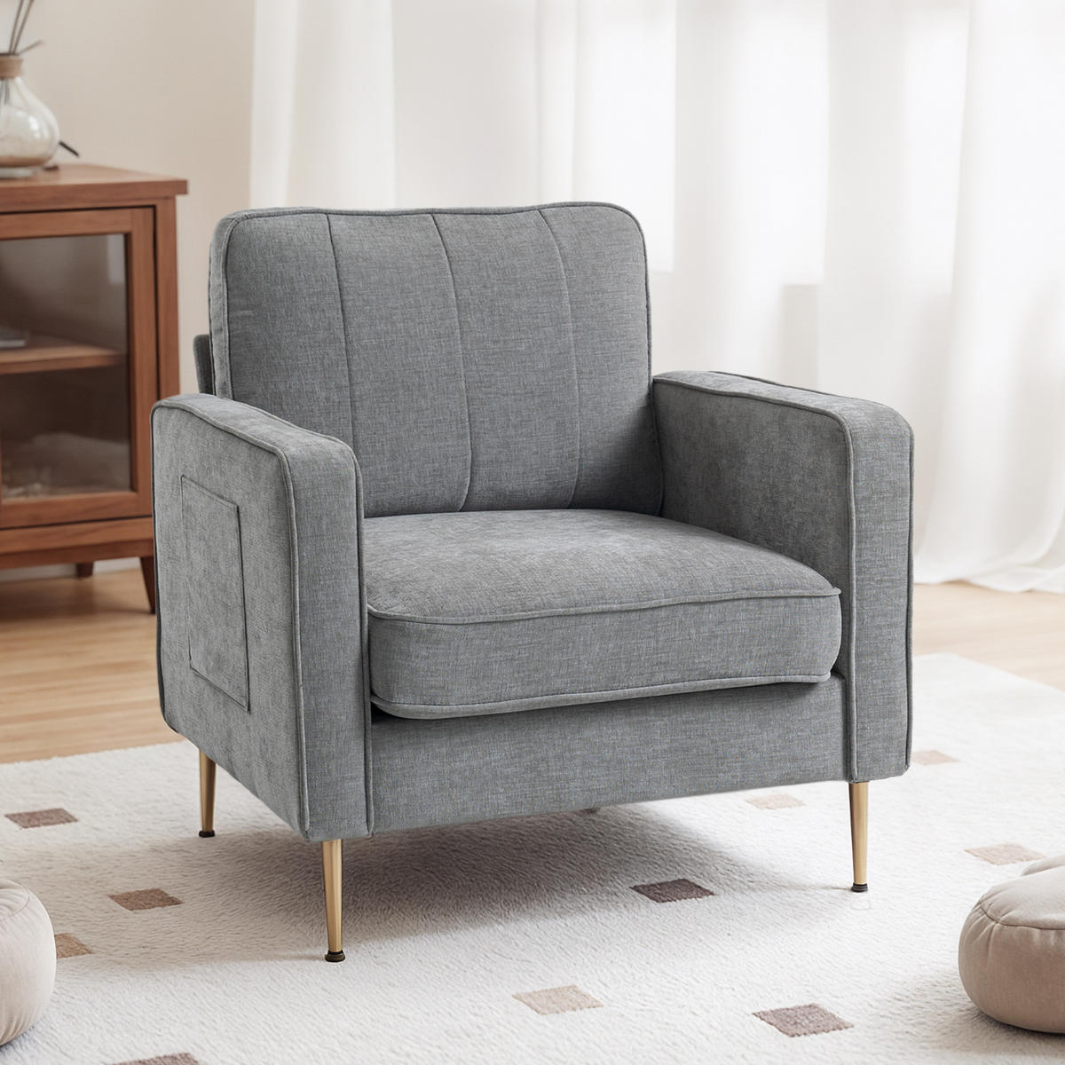 SESSEL DE-13486 mit Seitentaschen, Goldmetallfüßen Grau - Grau, Textil (84/87/81cm) - ComfortXL