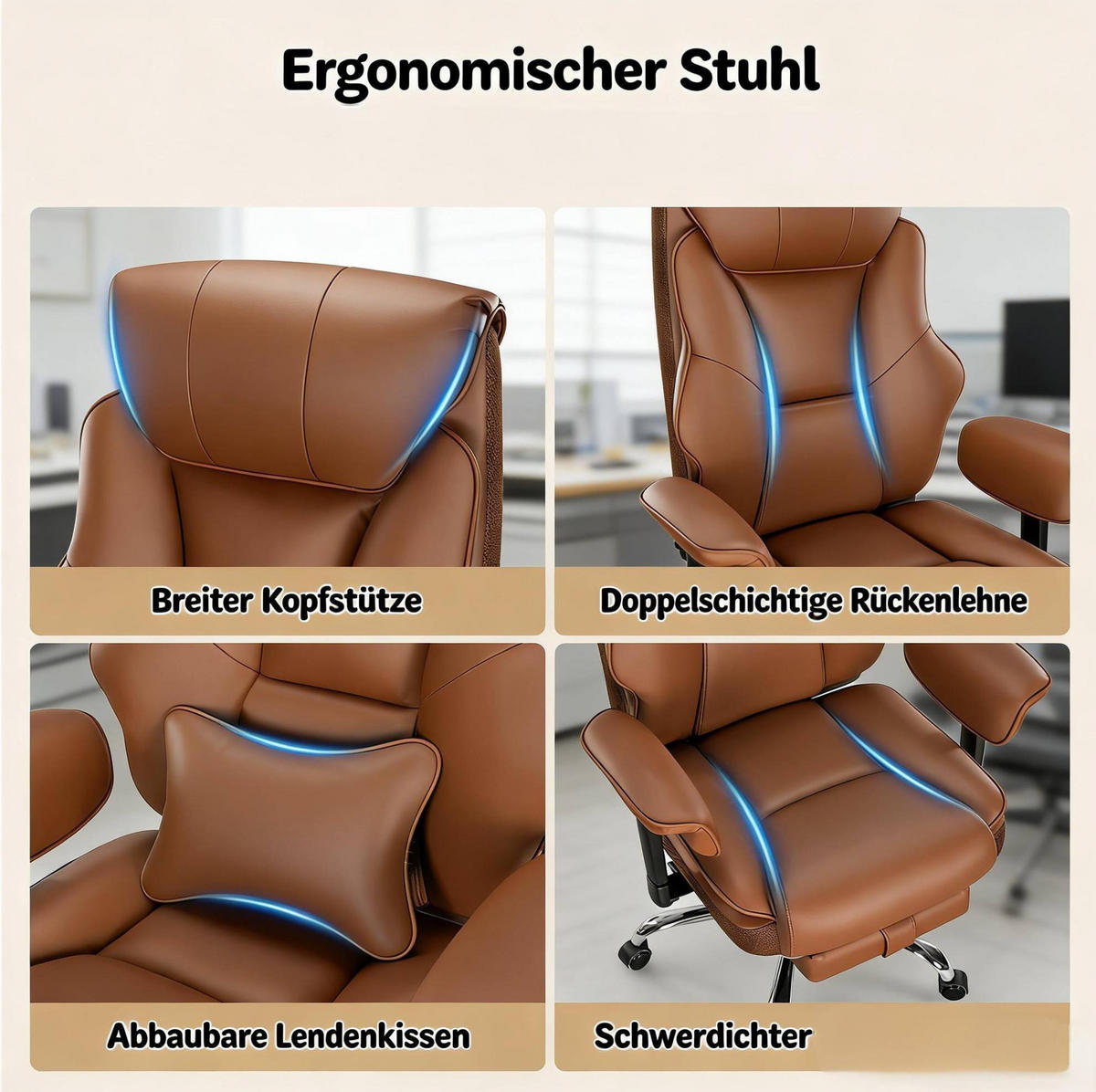 BÜROSTUHL ergonomisch höhenverstellbar mit Fußlehne Braun - Braun, Metall (77/125.5/35.5cm) - Meubliv