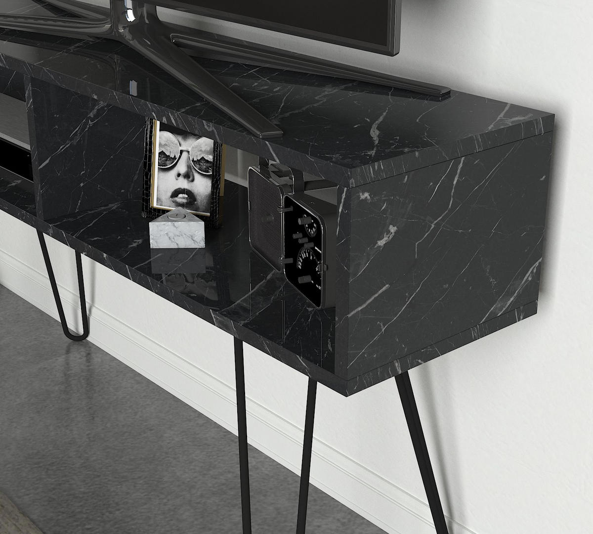 TV-LOWBOARD Alya mit Metallfüße Marmor Optik - Schwarz, Holzwerkstoff/Metall (120/68.5/29.5cm) - moebel17
