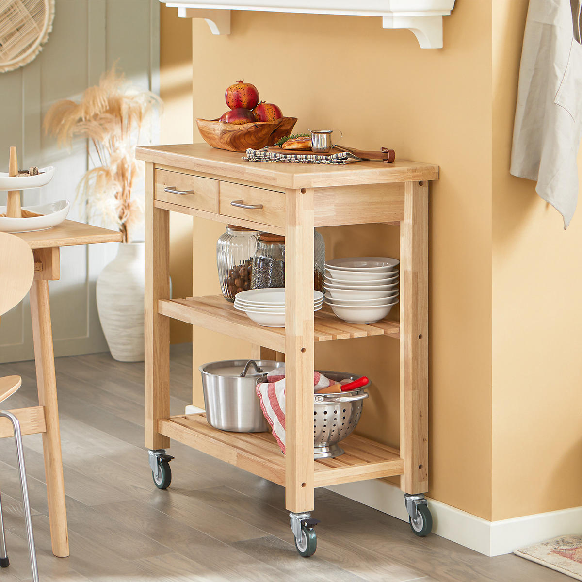 SERVIERWAGEN Gummiholz - Naturfarben, Holz (80/90/40cm) - SoBuy