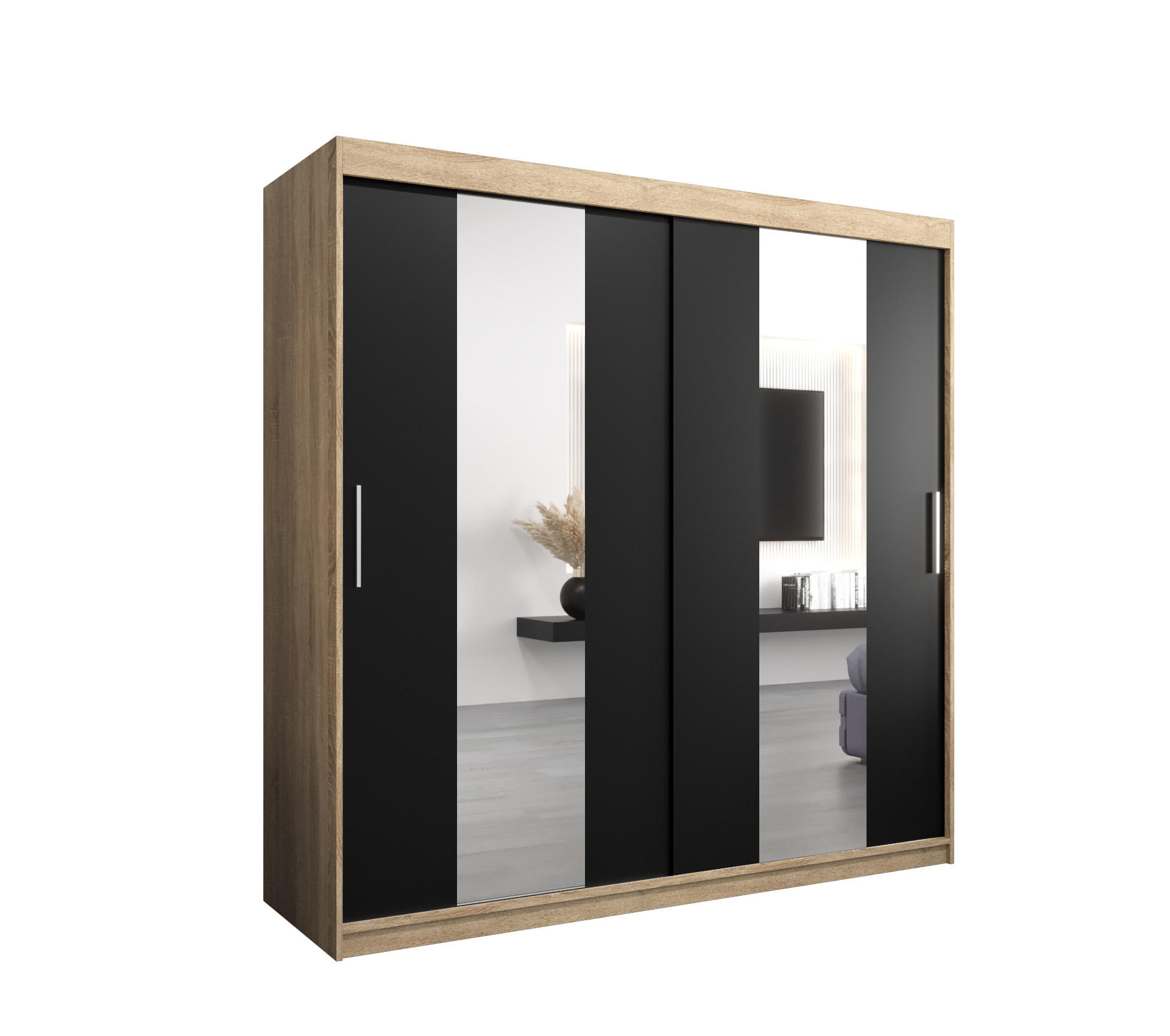 Abiks Möbel Schwebetürenschrank Sonoma Eiche, Schwarz 200x200x62 cm