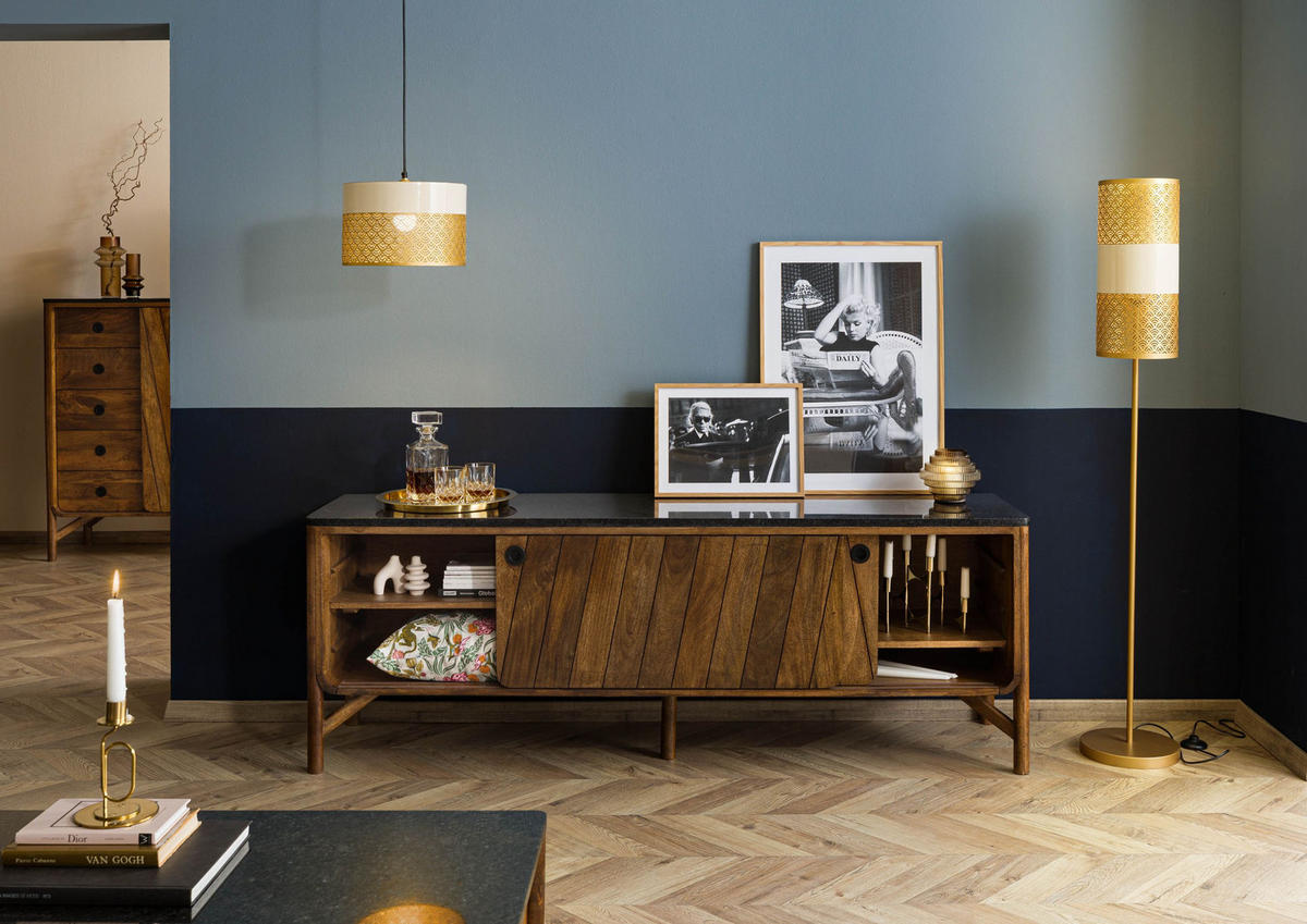 SIDEBOARD Mango 185x45x65 braun geölt / dunkler Granit LOS ANGELES #107 - Braun, Holz (185/65/45cm) - Massivmoebel24
