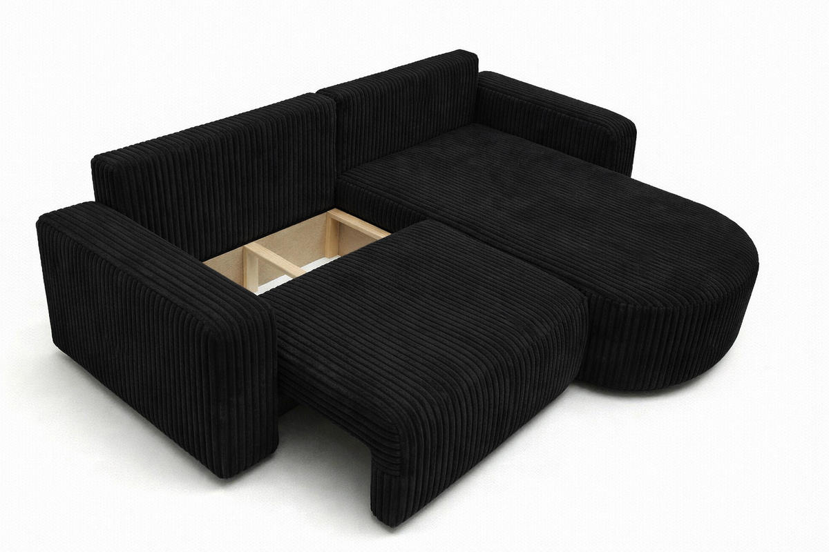 ECKSOFA Mit Schlaffunktion, Cordstoff Tilia, Schwarz, Rechts, ROUND ONE - Schwarz, Holz (244/175cm) - Kaiser Möbel