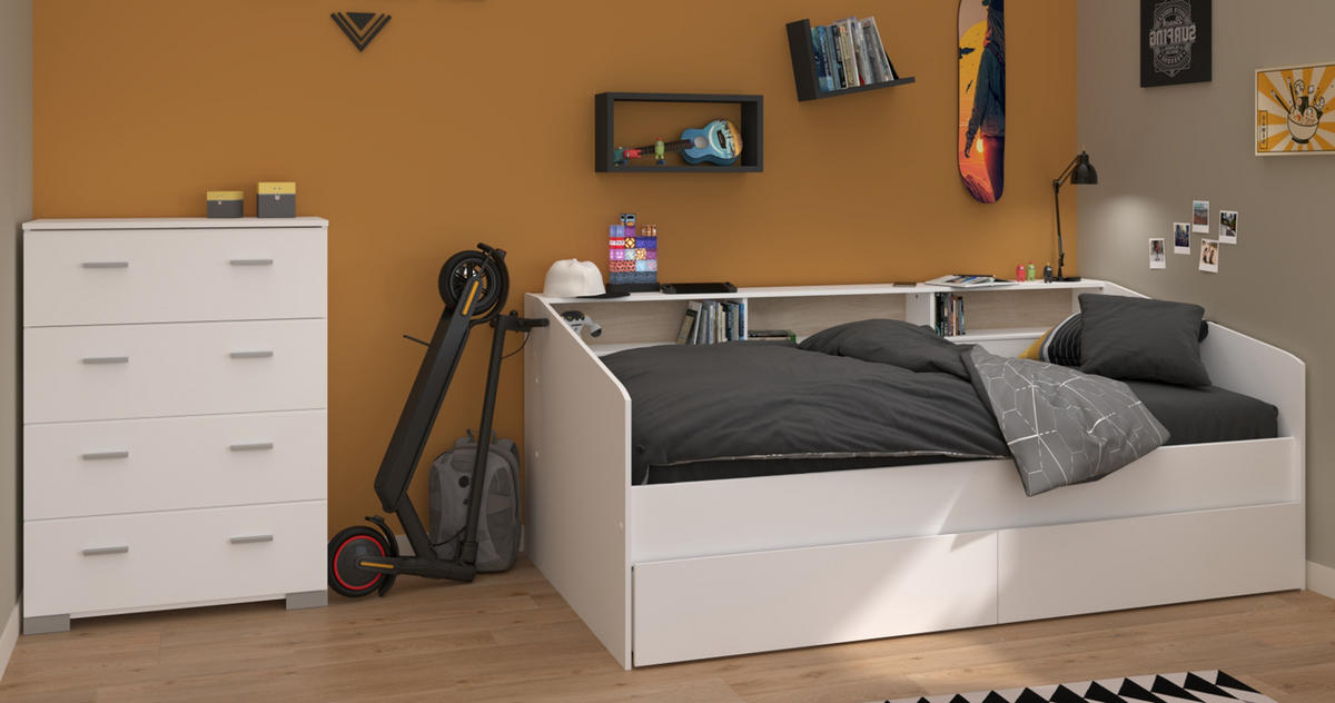 KINDERZIMMER Set 2-tlg. mit Stauraumbett 90x200 cm und Kommode - Silberfarben/Weiß, Holz/Holzwerkstoff (206/82/113cm) - Parisot Meuble