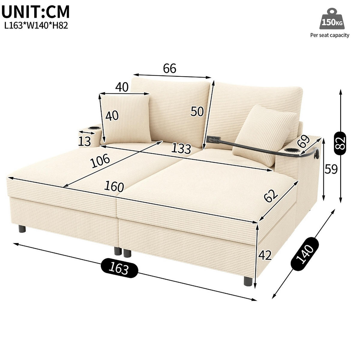 2-SITZER Schlafsofa Cord mit USB-Anschluss und Getränkehaltern Beige 163/140/82 cm - Beige, Textil (140/82/163cm) - Redom