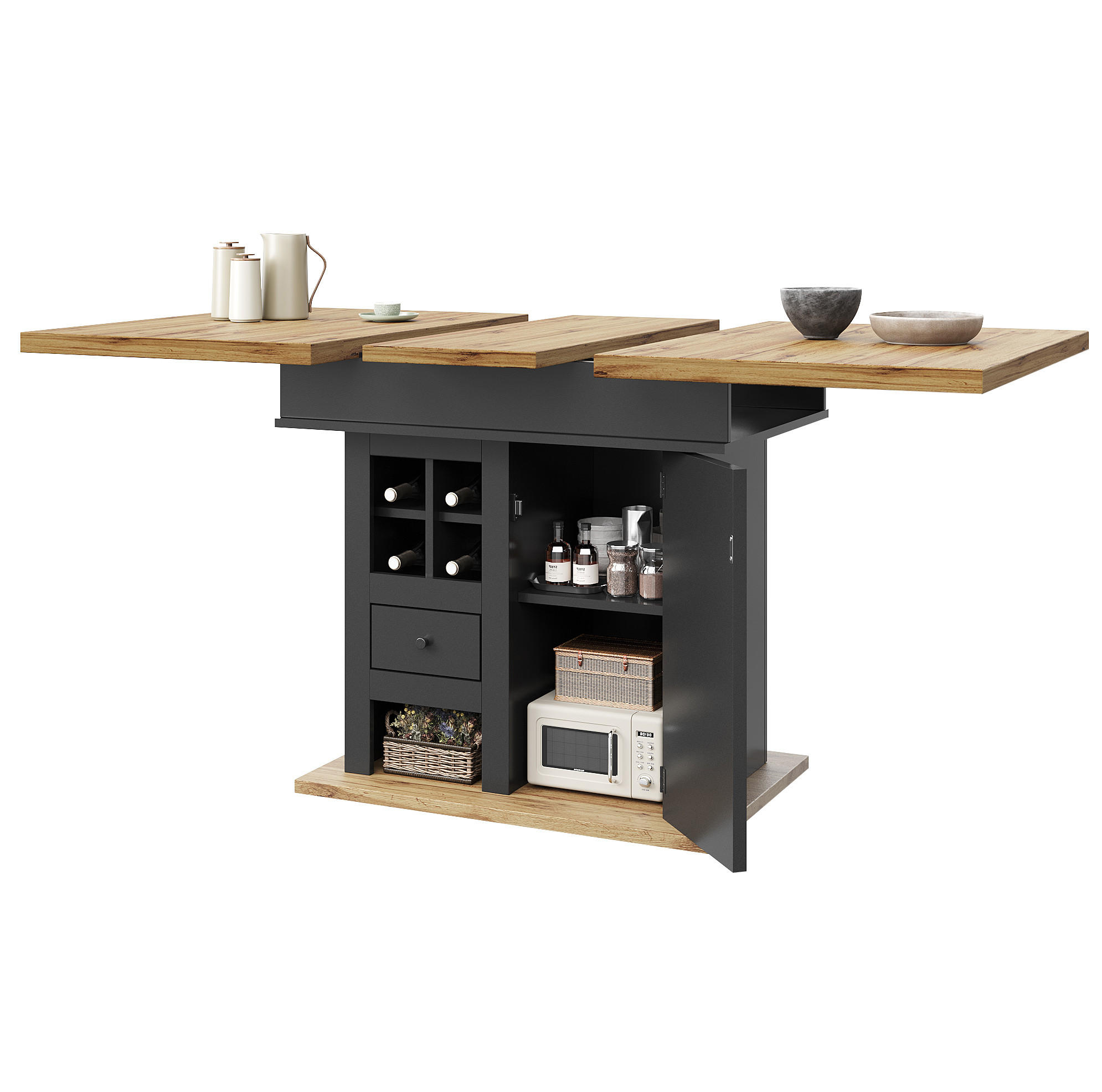 Modfu JÍDELNÍ stůl z MDF 110-140x80x75 cm černá/přírodní rozkládací s úložným prostorem a nastavitelnými policemi
