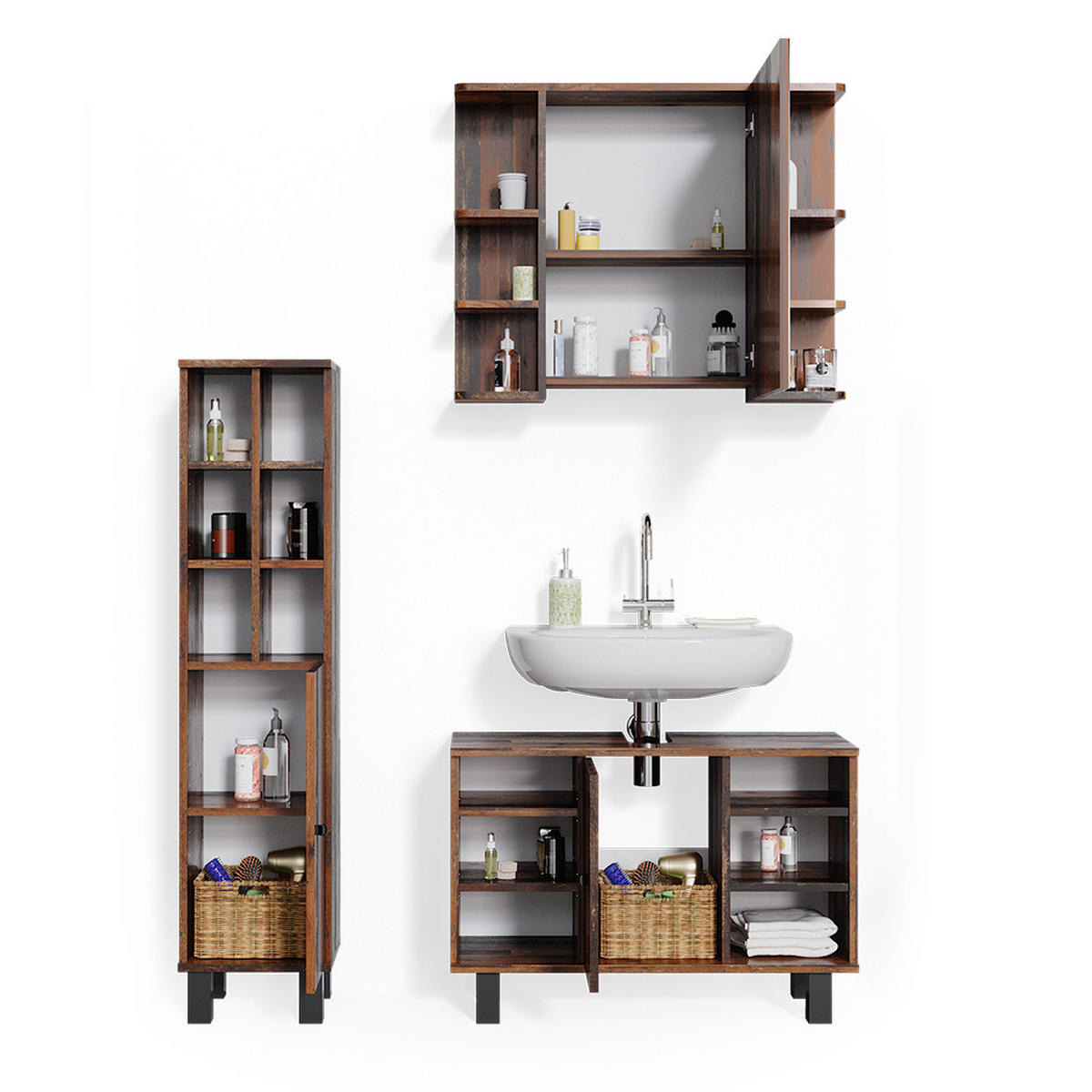 BADMÖBEL-SET Fynn Eiche rustikal 3 Teile, mit Midischrank Tür groß - Wildeiche, Holzwerkstoff (60/54/32cm) - Vicco