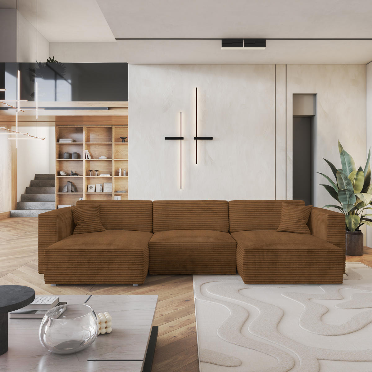 ROHOVÁ SEDAČKA SARMO měděná - šedá/měděná, dřevo/textil (347/148cm) - MASSENO