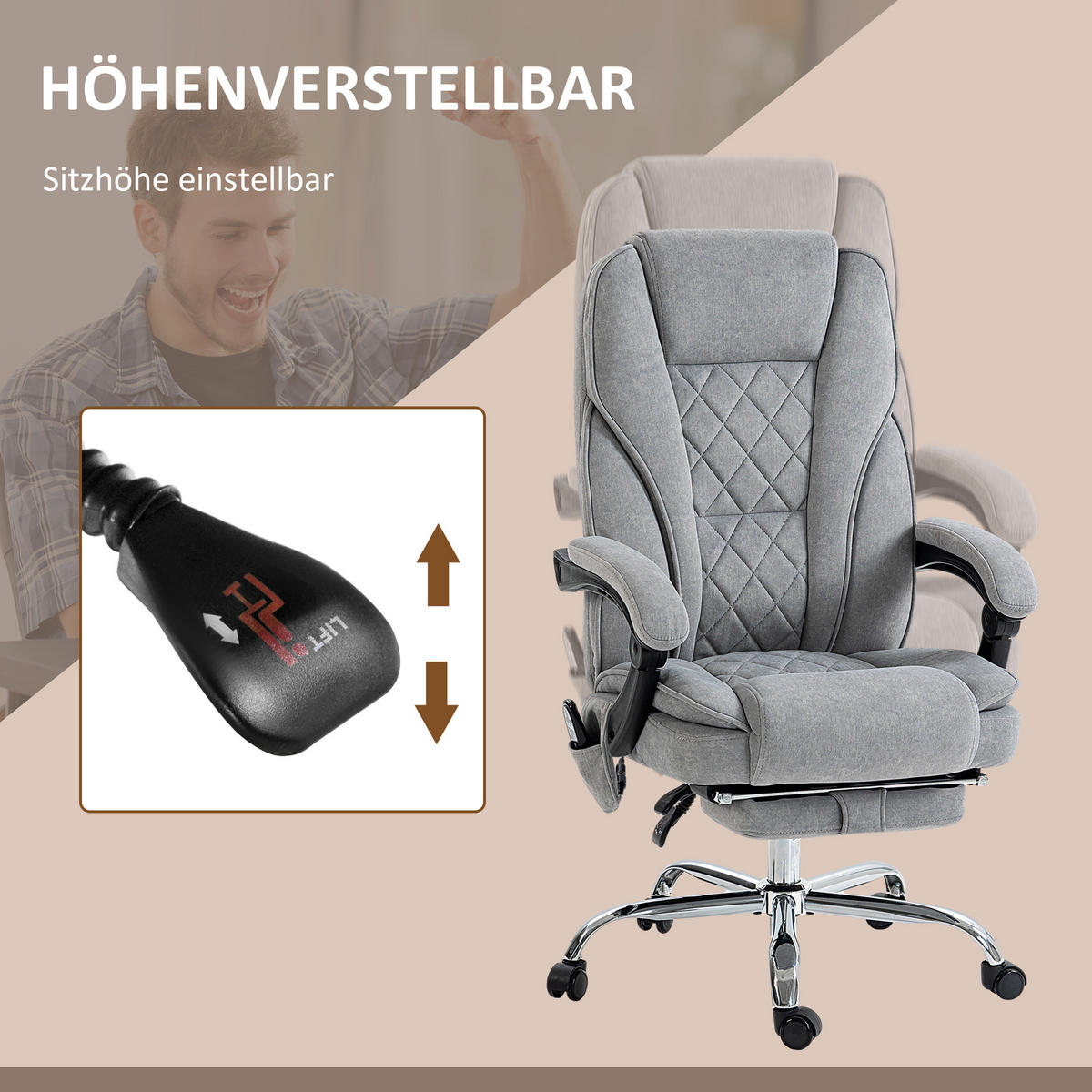 BÜROSTUHL mit Massagefunktion, Grau - Grau, Metall (67/119/72cm) - HOMCOM