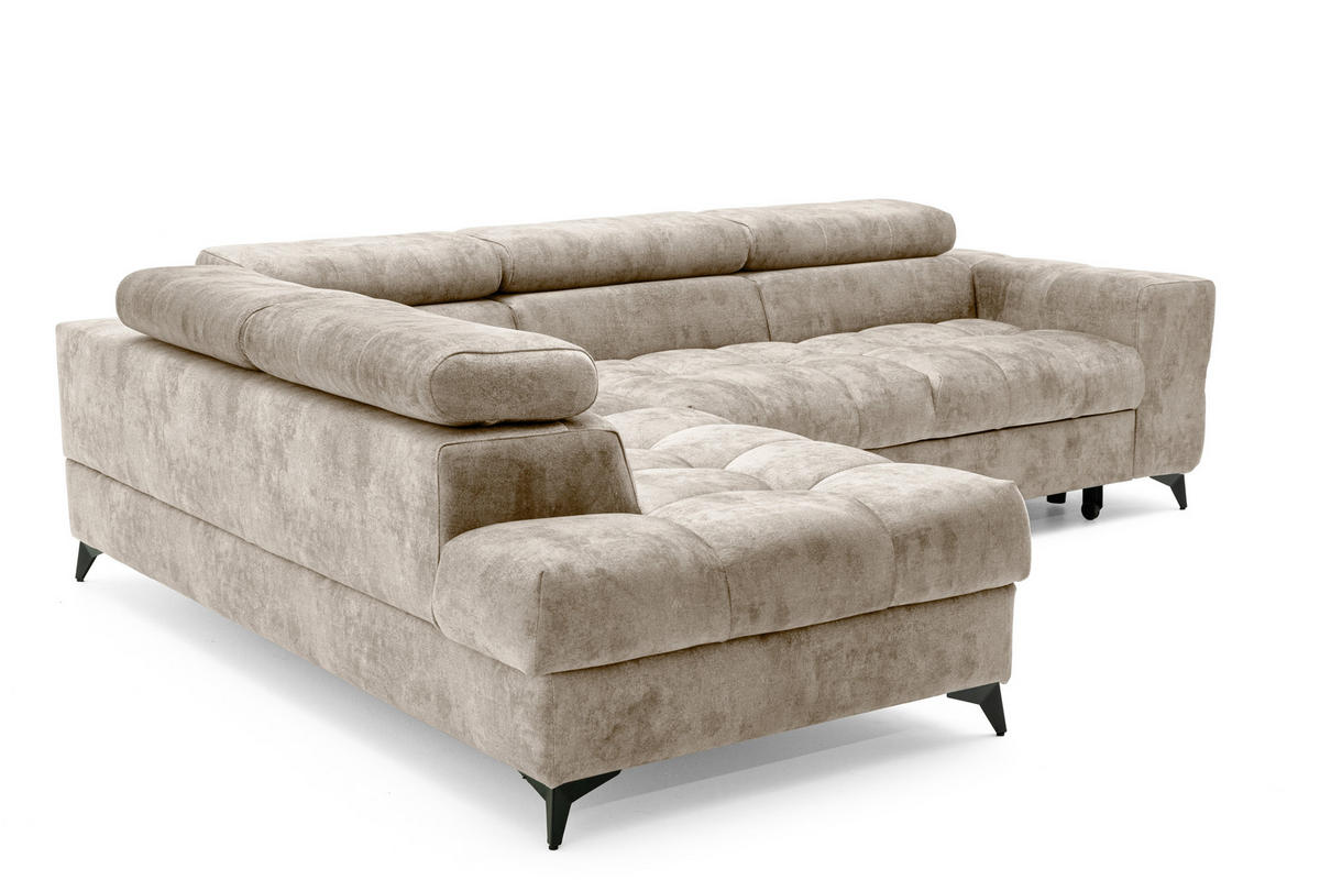 ECKSOFA PUDDING L Links mit Schlaffunktion 128x197 Velours Beige - Beige/Schwarz, Holz/Textil (270/204cm) - Muffo