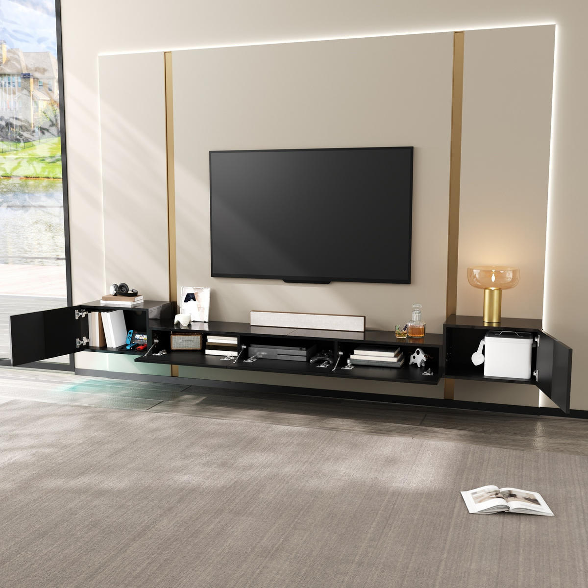 TV-SCHRANK 245/30/26 cm Schwarz mit LED-Beleuchtung und Hochglanz-Türen - Schwarz, Holzwerkstoff (245/26/30cm) - Oxeza