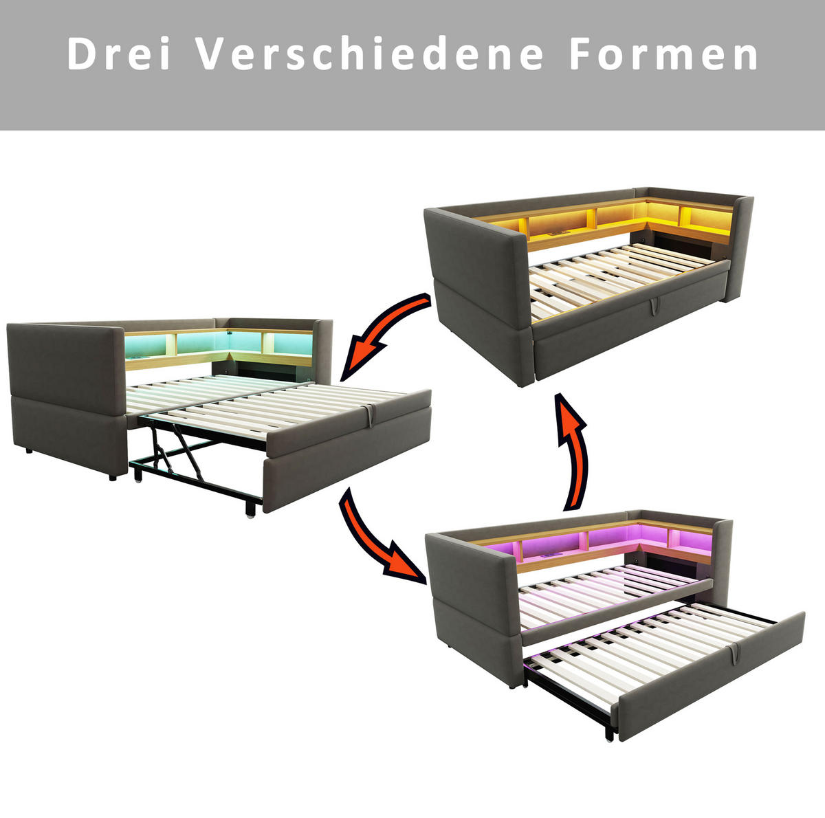 POLSTERBETT 90/180x190 cm mit LED-Beleuchtung und Steckdosen, Dunkelgrau - Dunkelgrau, Textil (90/190cm) - Flora Grace