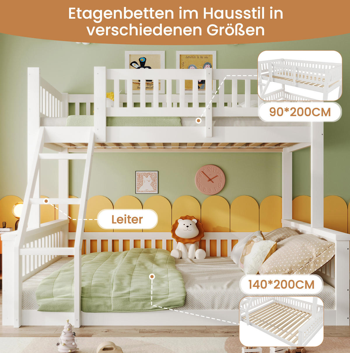 ETAGENBETT 90/200 cm + 140/200 cm, Weiß mit Leiter und Bettgitter ohne Matratze - Weiß, Holz (140/200cm) - MIVRAY