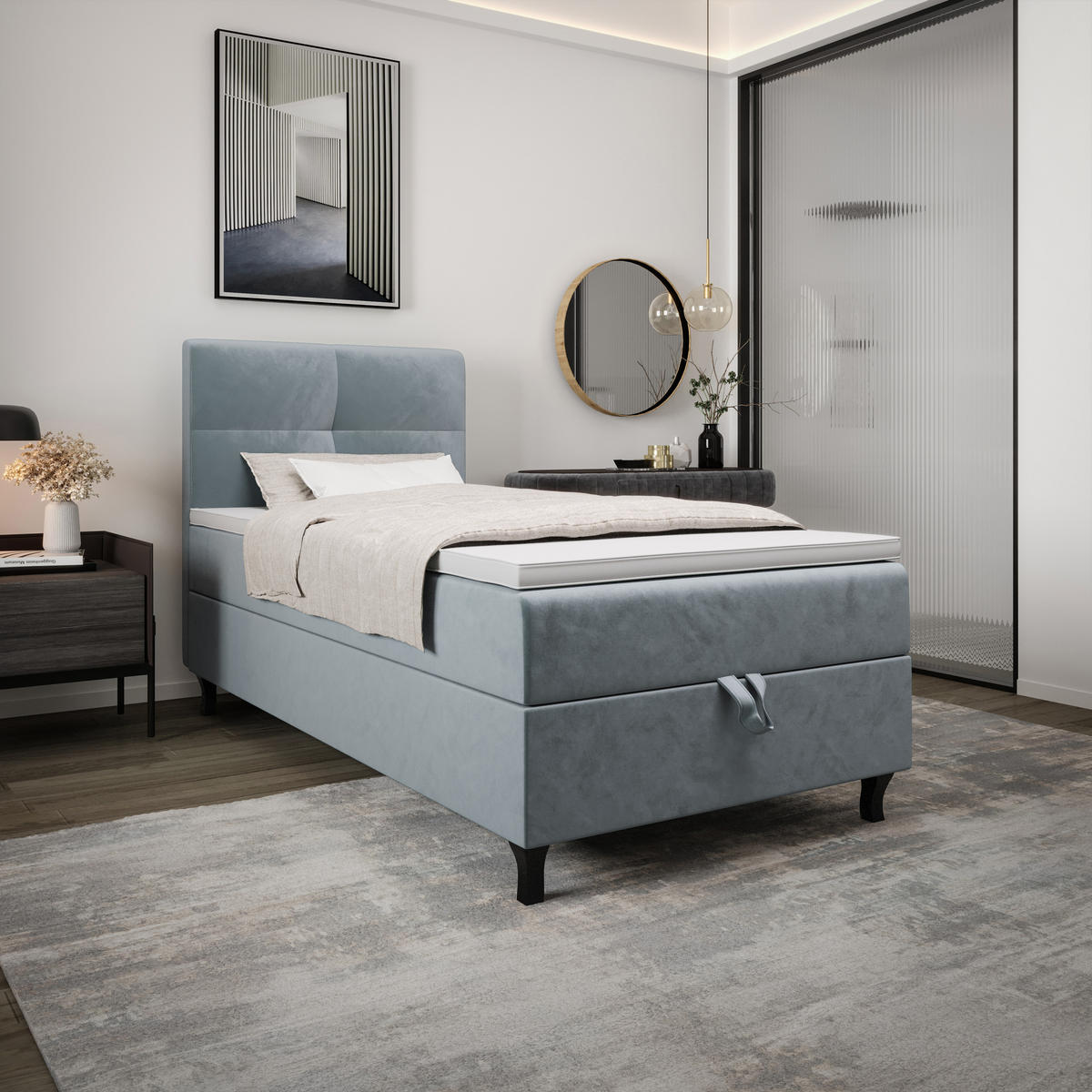 BOXBETT LIMBA mit Matratze H3 und Topper 80x200 Monolith 72 - Blau, Holz/Textil (80/200cm) - Bedante