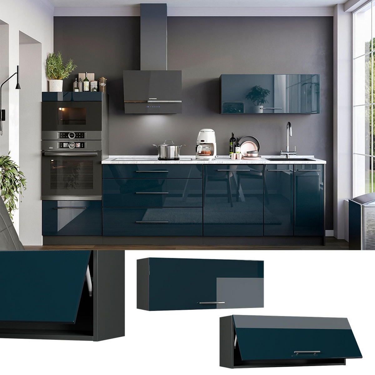 HÄNGESCHRANK Fame-Line, Dunkelblau Hochglanz/Anthrazit, 100 cm - Anthrazit/Dunkelblau, Holzwerkstoff (100/40/34.1cm) - Vicco