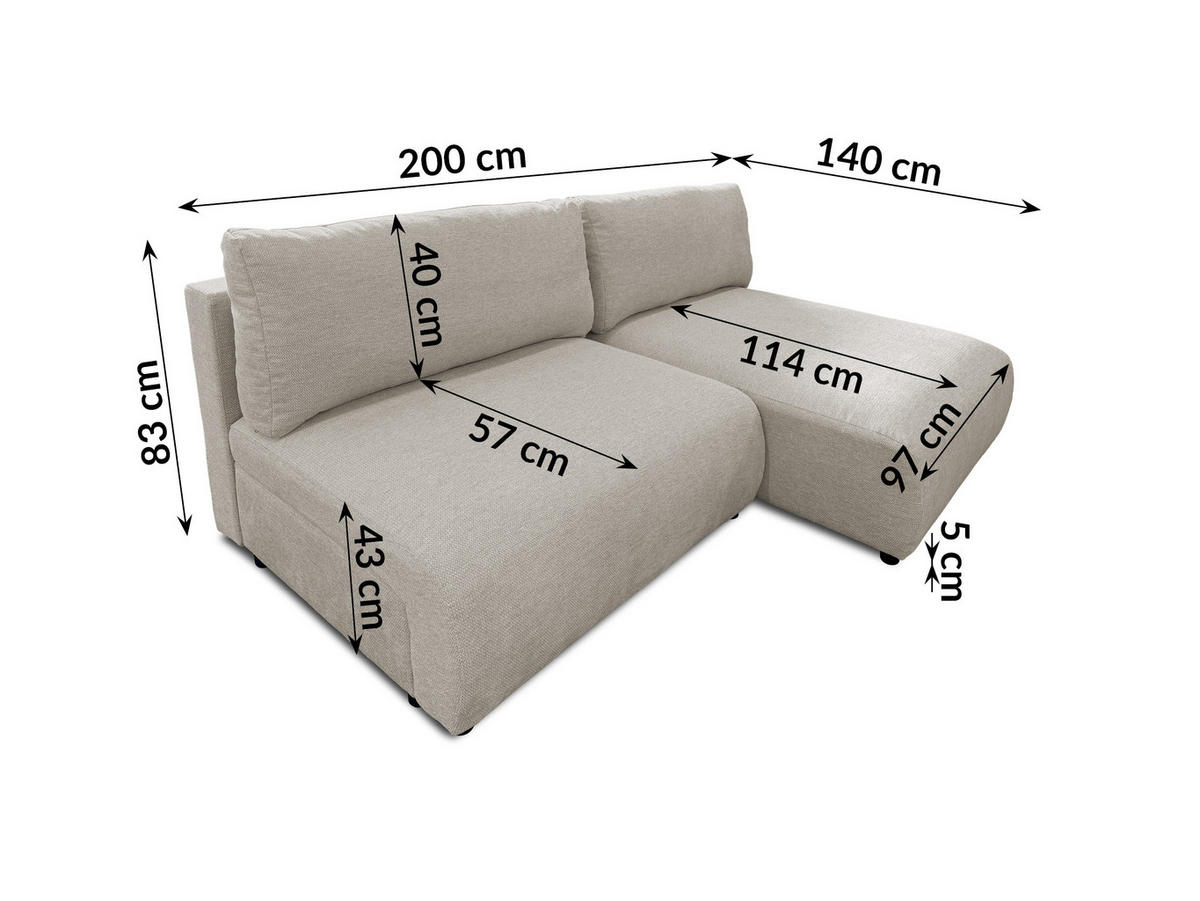 ECKSOFA Sora mit Schlaffunktion, Bettkasten und extra tiefer Komfortzone aus hochwertigem Taupe Strukturstoff - Taupe/Schwarz, Holz/Kunststoff (200/140cm) - S-Style