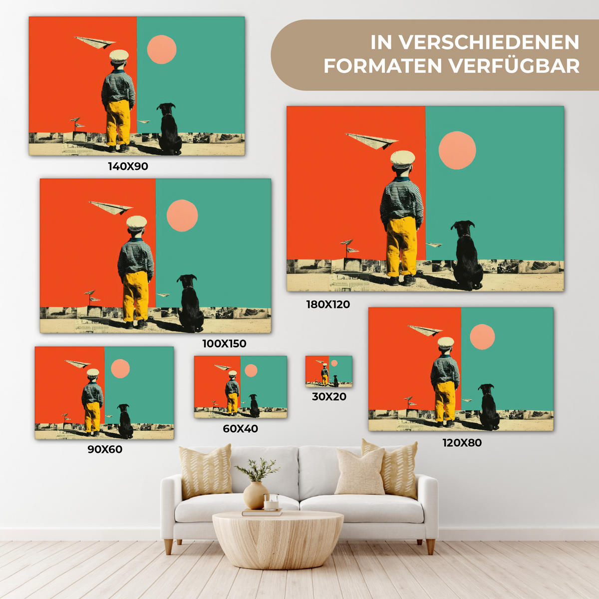 LEINWANDBILD Retro - Junge - Hund - Rot - Grün Groß 140x90 cm - Orange, Textil (140/90cm) - MuchoWow