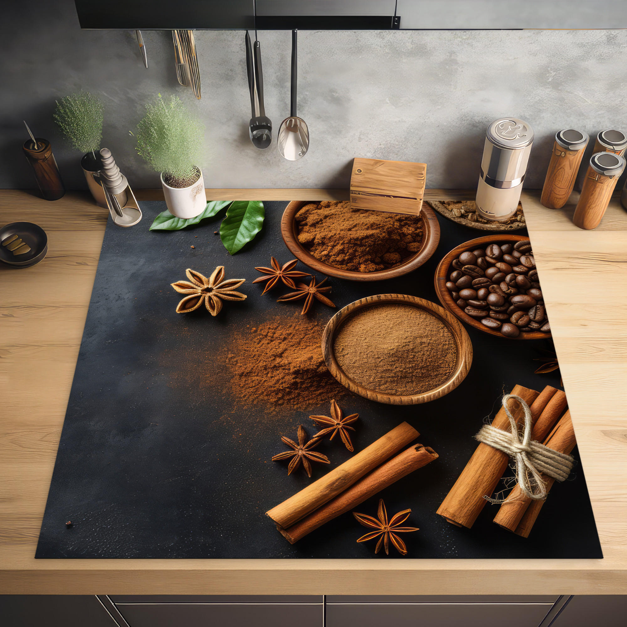 HERDABDECKPLATTE Zimt - Beton - Kaffee - Zimtstangen - Gewürze 78x78 cm - Mokka, Kunststoff (78/0.2/78cm) - MuchoWow