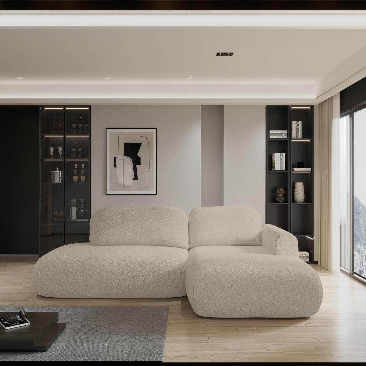 ECKSOFA NUVIRA R-S Beige Boucle-Stoff mit Schlaffunktion - Beige, Holz (274/165cm) - MASSENO