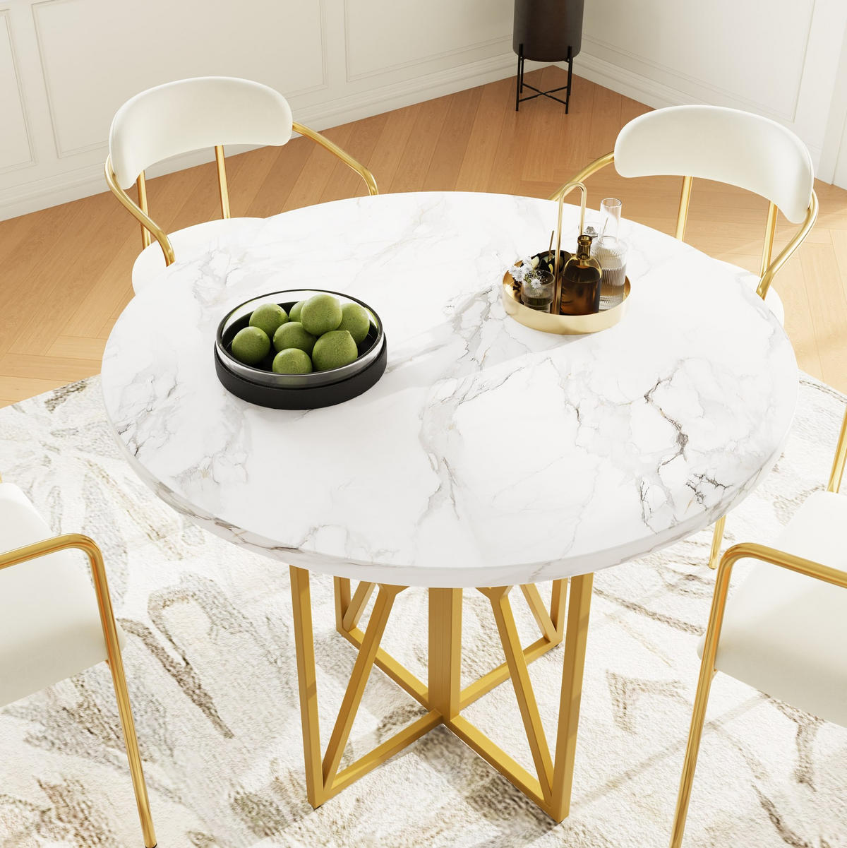 ESSTISCH 80x80x76 cm in Weiß und Gold aus MDF mit Marmoroptik auf goldfarbenen Metallbeinen - Goldfarben, Holzwerkstoff (80/80/76cm) - Modfu