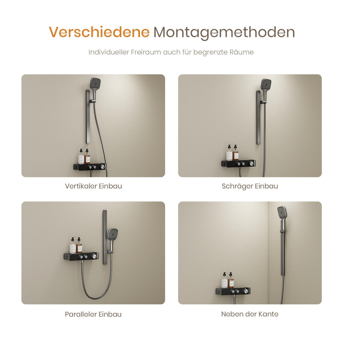 ÜBERKOPFBRAUSESET mit Zweiwege-Thermostatmischer Handbrause Anthrazit Matt - Anthrazit, Metall (35.5/115/15cm) - EMKE
