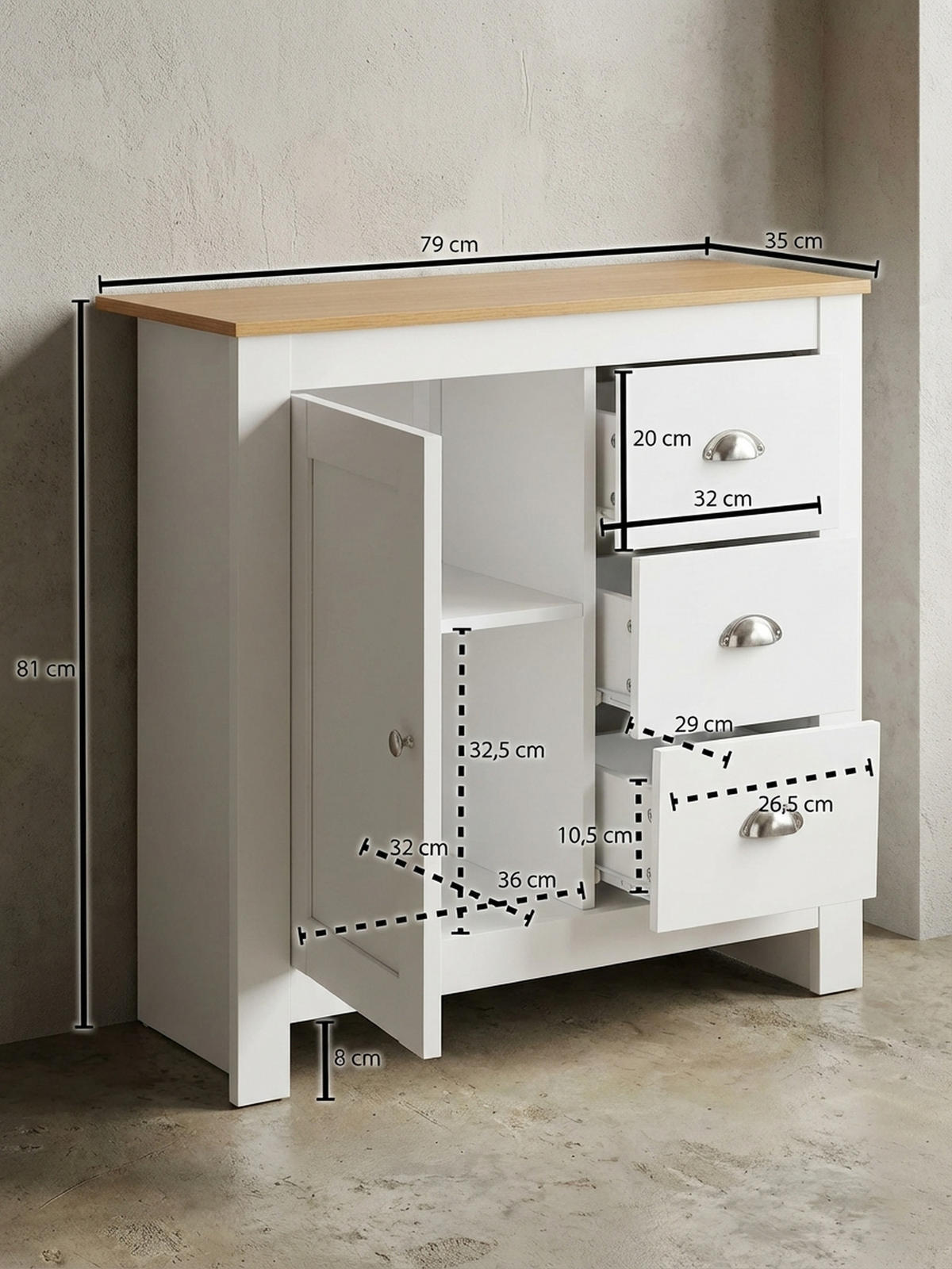 KOMMODE – Eiche-Finish, 3 Schubladen, 2 Türfächer - Weiß, Holz/Metall (79/81/35cm) - KADIMA DESIGN