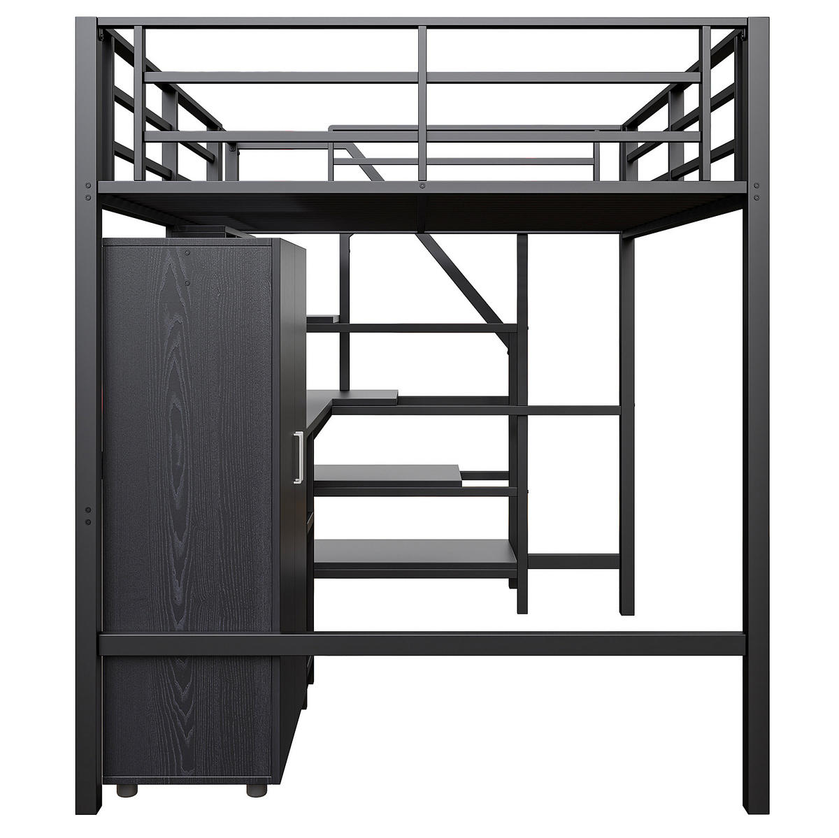 HOCHBETT 140/200 cm schwarz mit Kleiderschrank und integriertem Schreibtisch mit Matratze - Schwarz, Metall (140/200cm) - OKWISH
