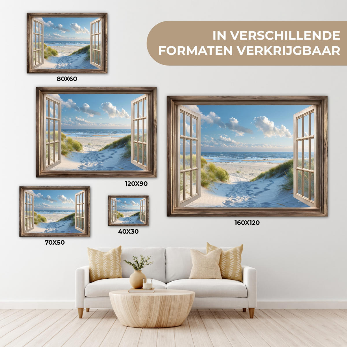 LEINWANDBILD Aussicht - Strand - Fenster - Dünen - Meer Wandbilder 80x60 cm - Hellblau, Textil (80/60cm) - MuchoWow