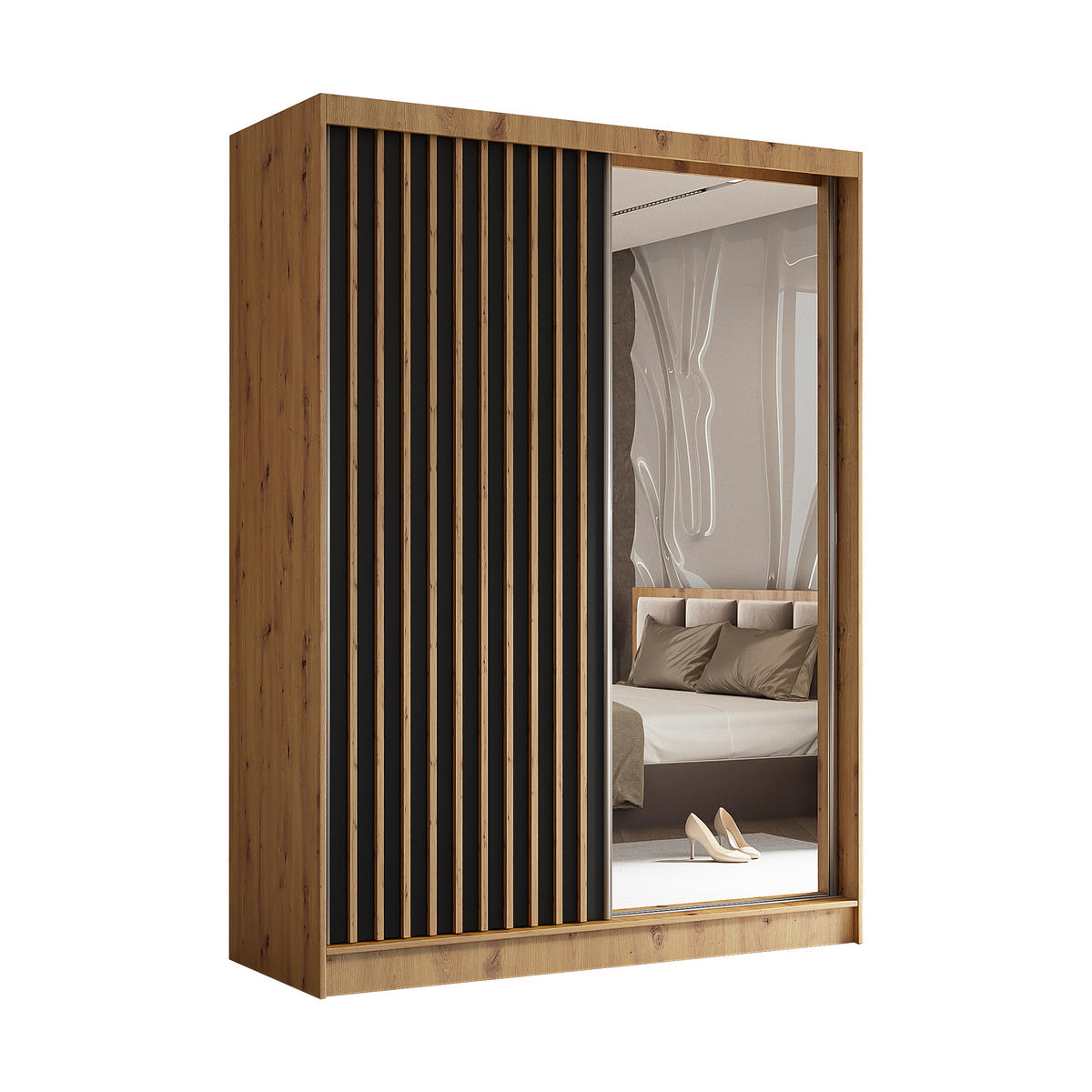 SCHWEBETÜRENSCHRANK LAMELLO 160/216/61 cm 2-türig mit Spiegel Eiche Artisan - Schwarz/Eiche Artisan, Holzwerkstoff (160/216/61cm) - MASSENO