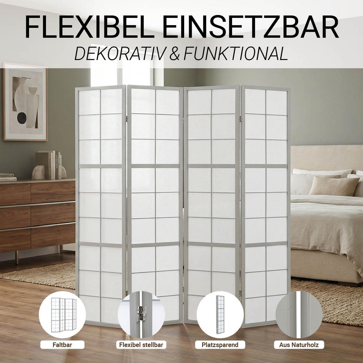 PARAVENT 4-tlg 176/179 cm Grau Holz Shoji - Grau, Holz (176/179/2cm) - Homestyle4u