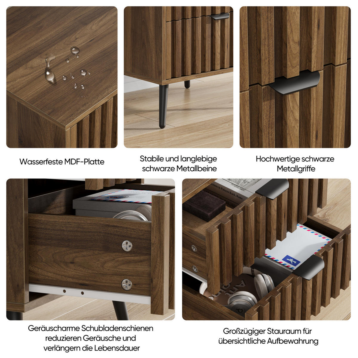 NACHTTISCH aus MDF 45x40x53 cm Walnuss mit 2 Schubladen und Metallbeinen im modernen Design - Walnussfarben, Holzwerkstoff (45/53/40cm) - Modfu