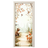 NÁLEPKA NA DVERE Les - Jeseň - Lesné zvieratá - Medveď - Líška 90x235 cm - farba gaštana, plast (90/0.1cm) - MuchoWow