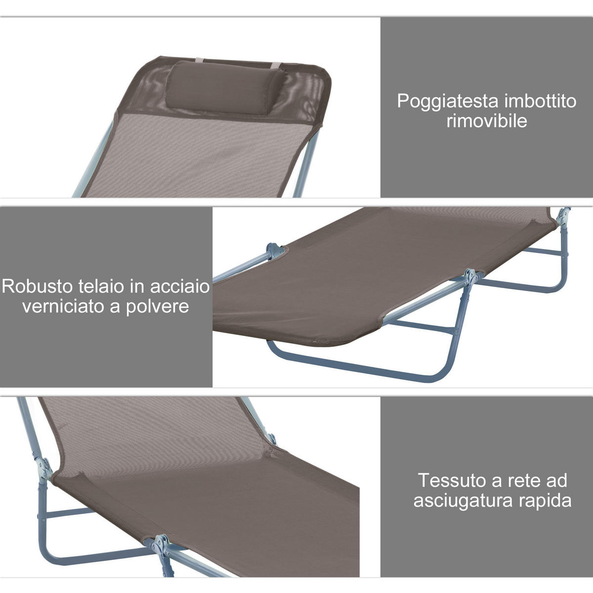 SONNENLIEGE klappbar verstellbar Liegestuhl Kopfkissen 5-Fach 120kg,182*56*28 cm Braun - Braun, Metall (56/28/182cm) - Vallsero