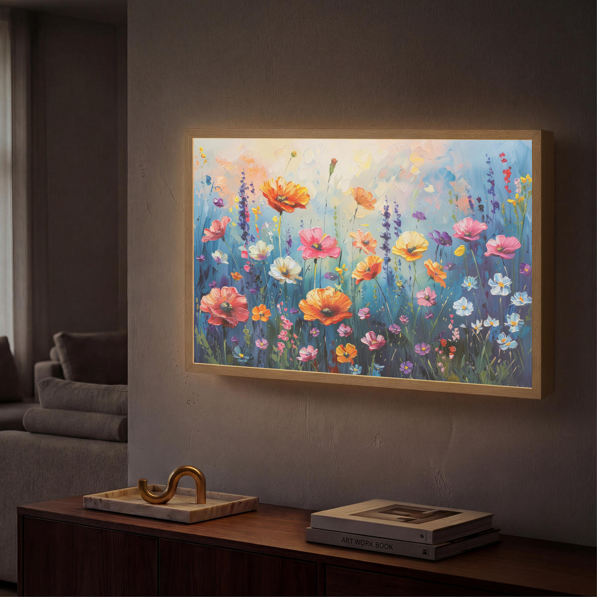 NÁSTĚNNÁ LAMPA S AKUMULÁTOREM Květiny - Příroda - Akvarel - Umění 60x40 cm - různobarevná, kompozitní dřevo (60/40/8cm) - OnlyWow