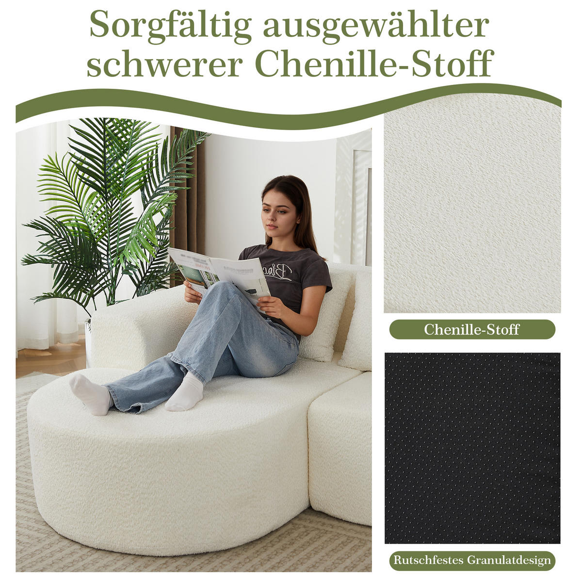 ECKSOFA 222/157/73 cm Beige Chenille mit 3 Kissen (Linke Seite) - Beige, Textil (157/222cm) - Oxeza