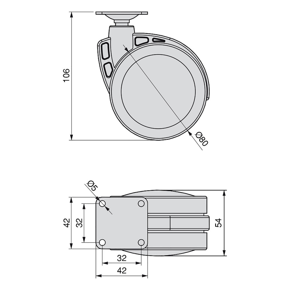 ROLLEN Mak mit Montageplatte, Durchmesser 80mm, Stahl und Kunststoff, Kunststoff grau 4er-set - Grau, Metall (35/6/25cm) - EMUCA