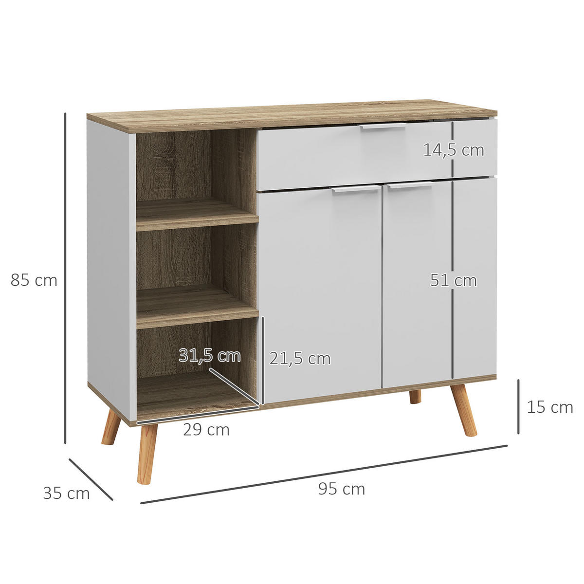 SIDEBOARD Weiß und Natur, 1 Schublade, 2 Türen, 95/35/85 cm - Weiß, Holz (95/85/35cm) - PANGIVO