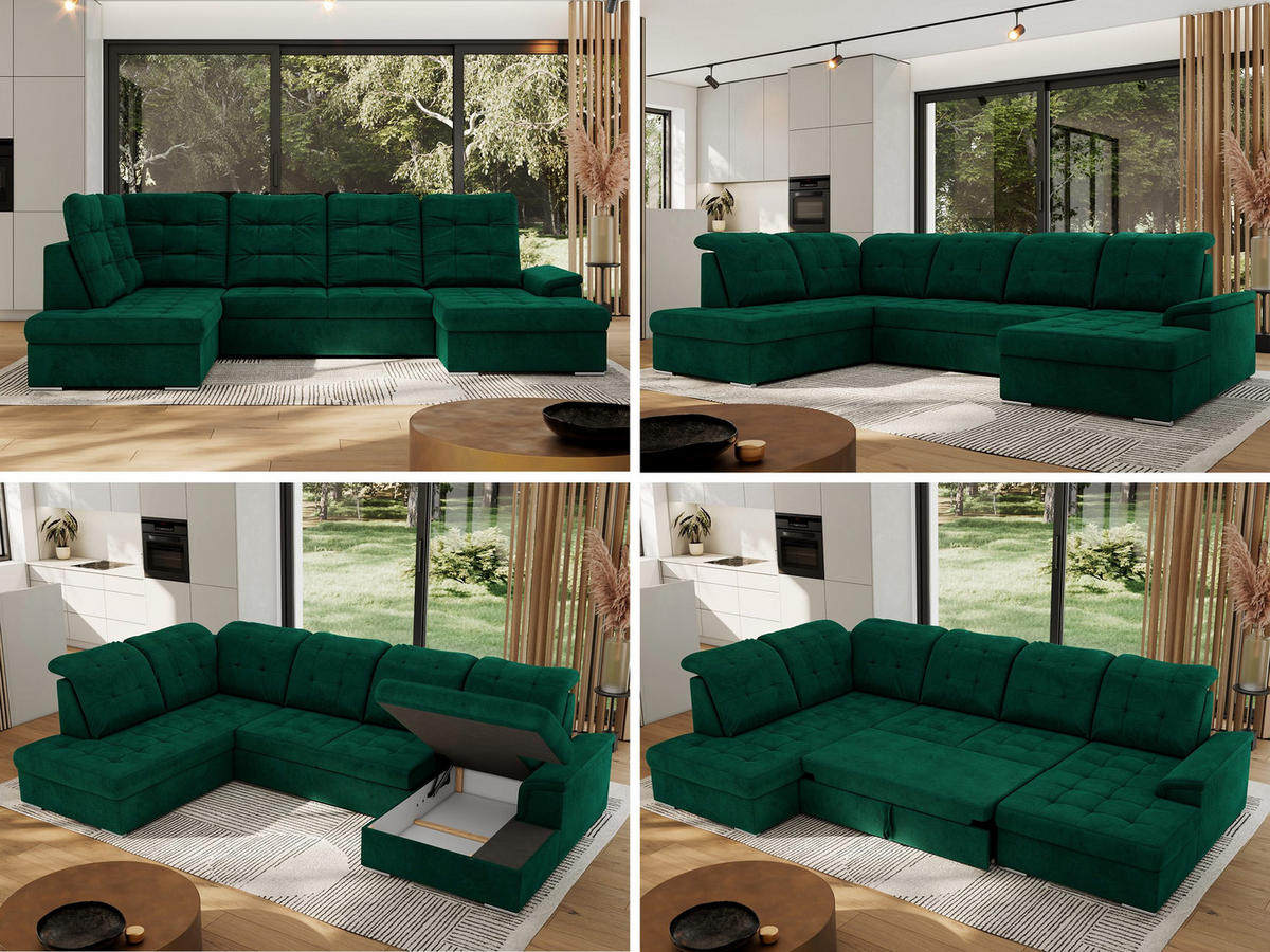 WOHNLANDSCHAFT MADRITO U - DunkelGrün Velorus - Links - Dunkelgrün/Silberfarben, Textil/Metall (204/89/323cm) - MKS
