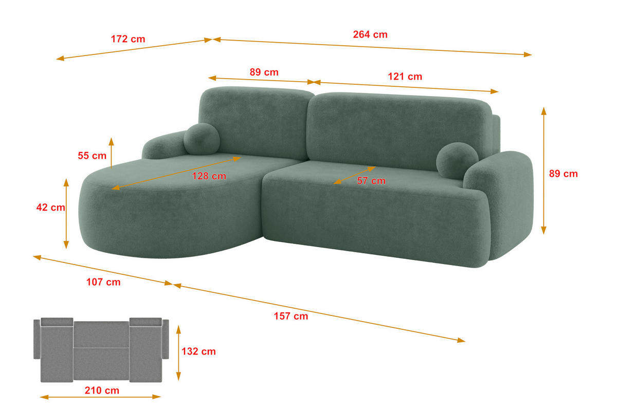 ECKSOFA mit Schlaffunktion und Bettkasten LIRA-L - 264x172x89 Salbeigrün - Mintgrün, Holzwerkstoff/Textil (264/172cm) - ALTDECOR