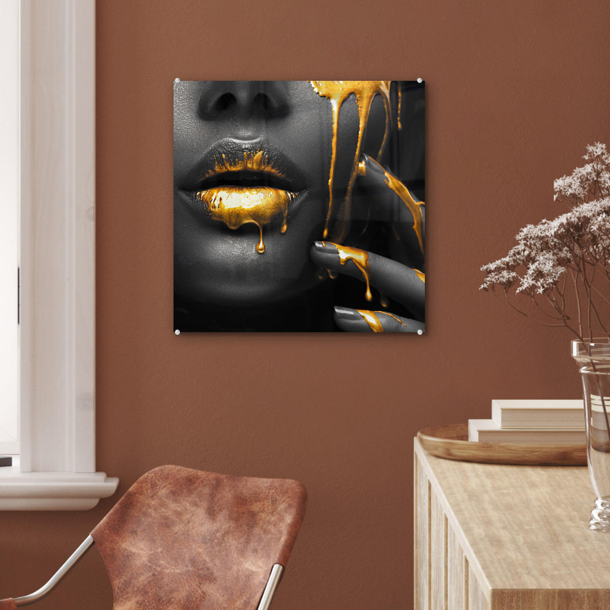 ACRYLGLASBILD Frau - Schwarz - Gold - Gesicht - Lippen 50x50 cm - Goldfarben, Glas (50/50cm) - MuchoWow