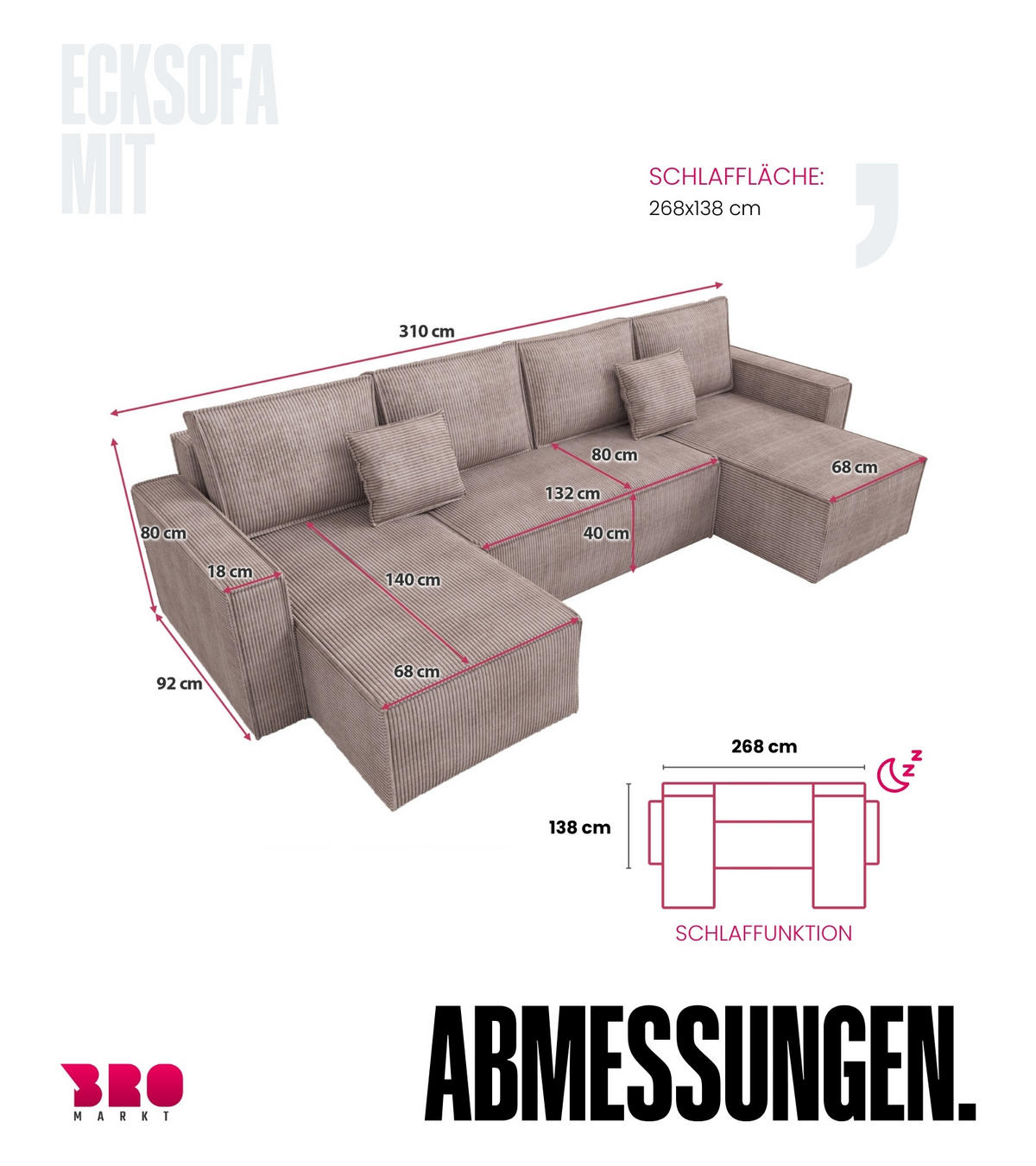 WOHNLANDSCHAFT Dexter U mit Schlaffunktion Puderrosa Cord - Rosa, Textil (310/80/141cm) - Bromarkt