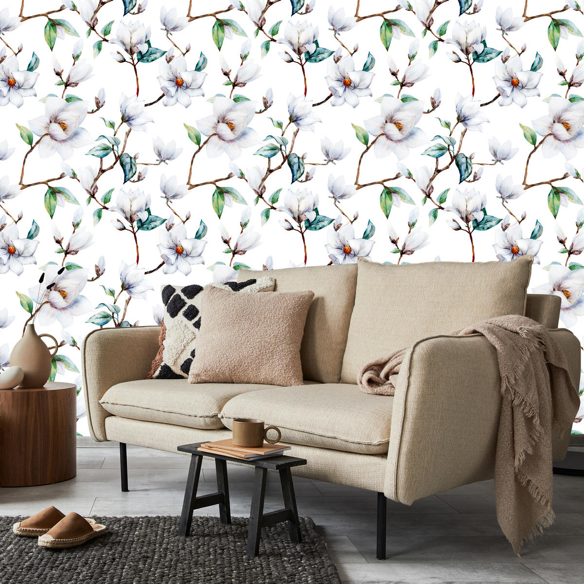 VLIESTAPETE Magnolienblüten – Weiß, Grün, Hellblau – 50x1000 cm - Weiß/Hellblau, Papier (50/1000cm) - Muralo