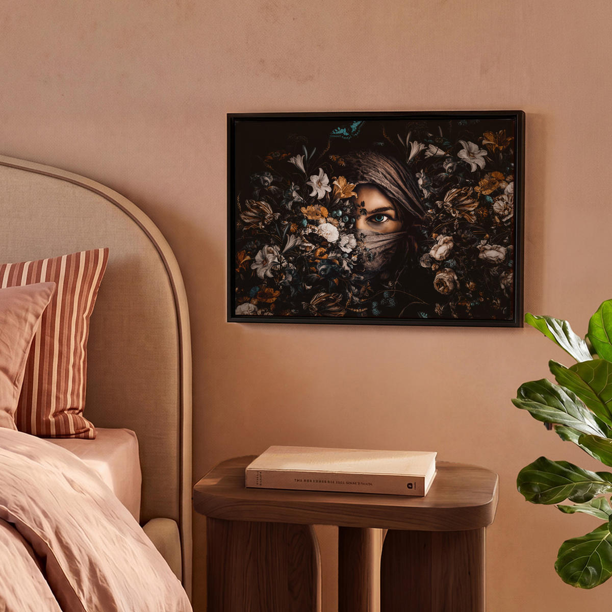 LEINWAND Bilder mit Rahmen - Frau - Luxus - Blumen - Schmetterling - Porträt - 40x30 - Schwarz, Textil (40/30cm) - MuchoWow