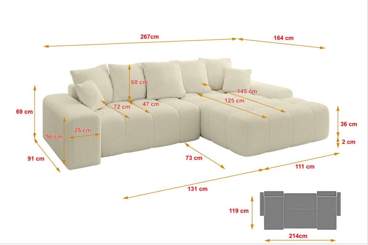 ECKSOFA Ottomane Rechts ENSI-L - 267x164x69 cm Creme - Creme, Holzwerkstoff/Kunststoff (164/267cm) - ALTDECOR