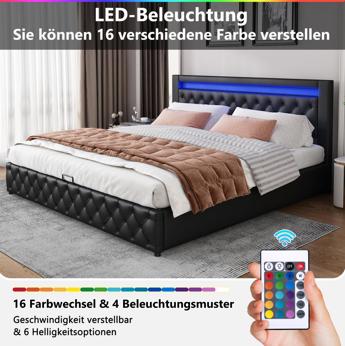 POLSTERBETT 180/200 cm schwarz aus PU mit Bettkasten und LED-Beleuchtung - Schwarz, Kunststoff (180/200cm) - OKMYHOME