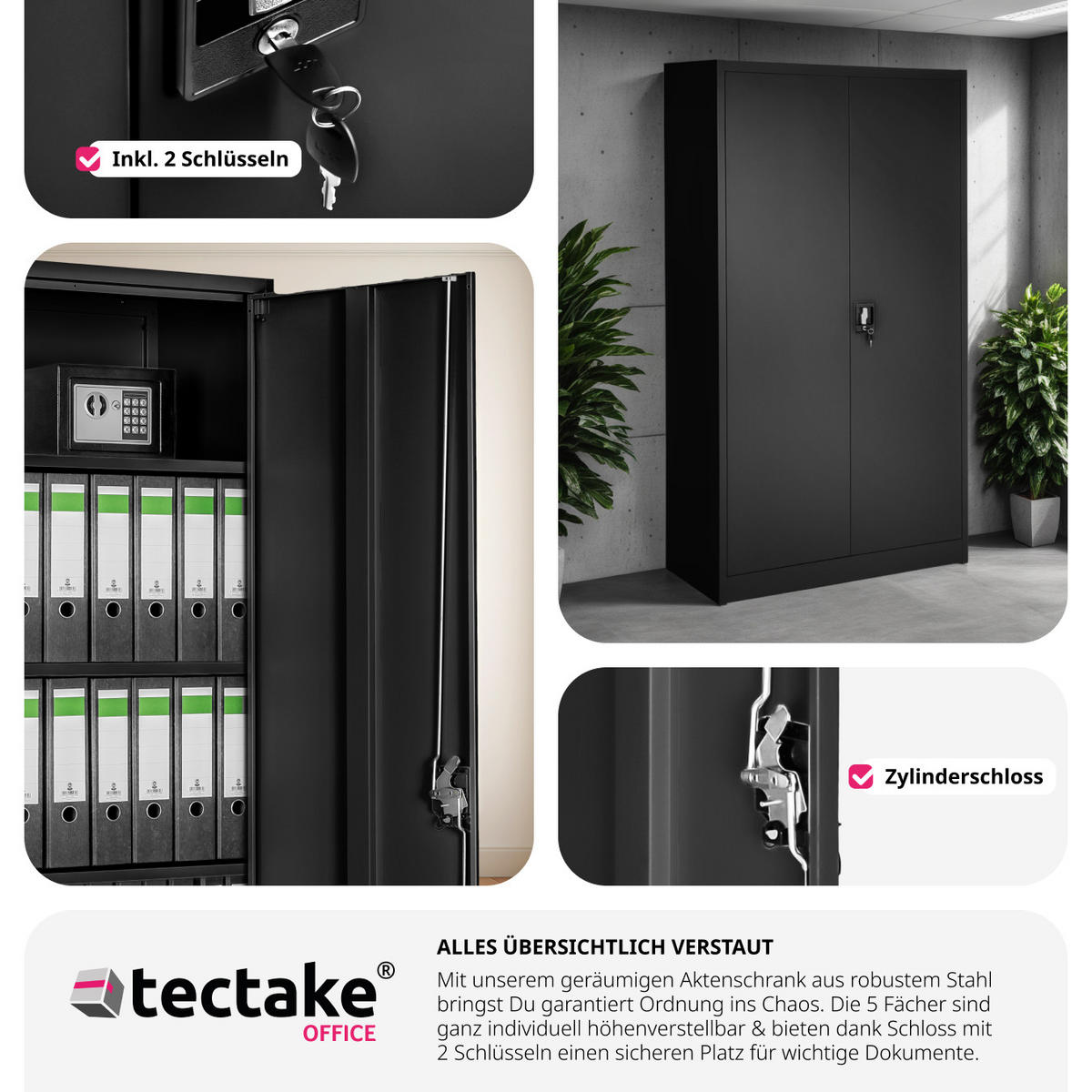 AKTENSCHRANK ,180 x 90 x 40 cm,schwarz - Schwarz, Metall (40/180/90cm) - tectake