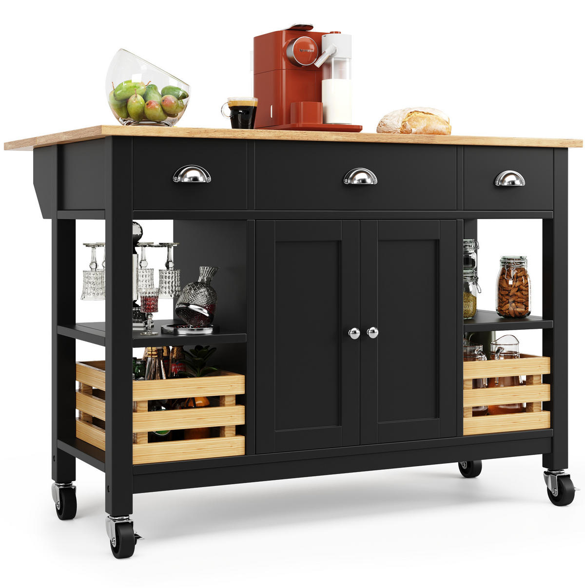 KÜCHENINSEL 120/45/90 cm schwarz natur mit klappbaren Seiten - Schwarz, Holzwerkstoff (120/90/73cm) - OKWISH