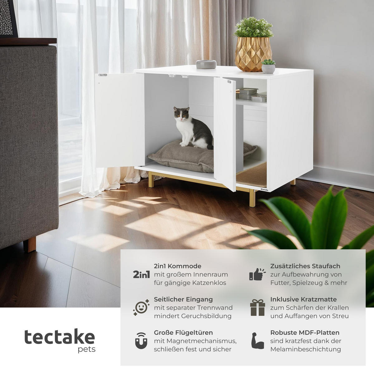 KATZENSCHRANK Kalea,inklusive Kratzmatte, 80 x 52 x 61,5 cm,weiß/gold - Goldfarben/Weiß, Holz (80/61.5/52cm) - tectake